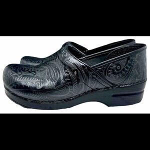 Dansko Black Tooled Leather Embossed Mules
